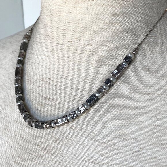 Oxidized Sterling Silver 925 Floral Stamped Rectangular Beaded Pearl Necklace - Picture 13 of 16